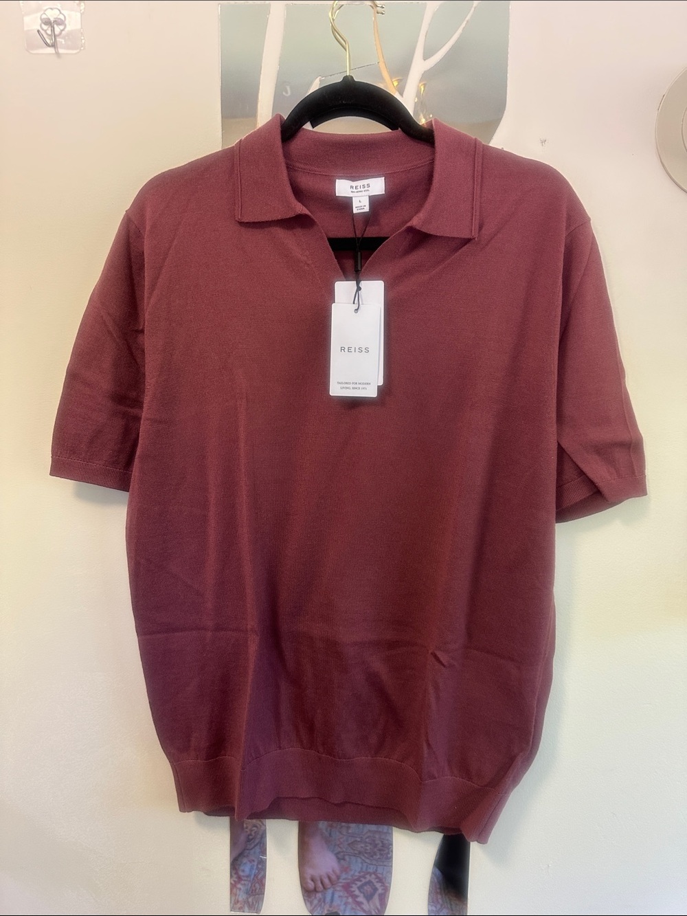 NWT Reiss Duchie Merino Wool Open Collar Polo Shirt in Berry (L)